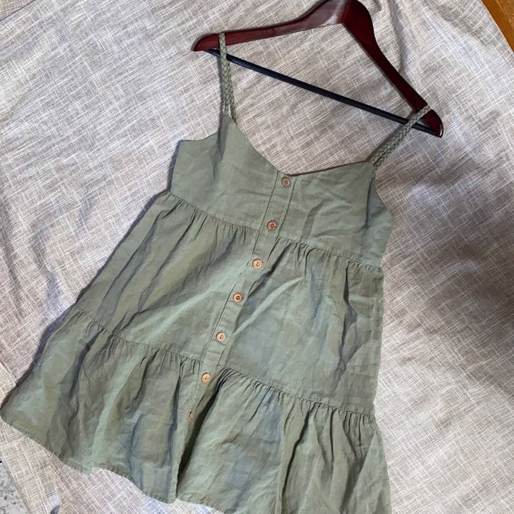 Sage green summer dress with wooden buttons braided straps